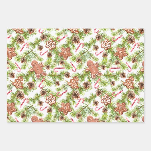 Gingerbrood en Candy Cane Stripe 3-coördinaten Inpakpapier Vel (Voorkant)