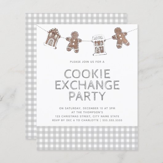 Gingerbrood Gingham Cookie Exchange Budget Invite (Voorkant / Achterkant)