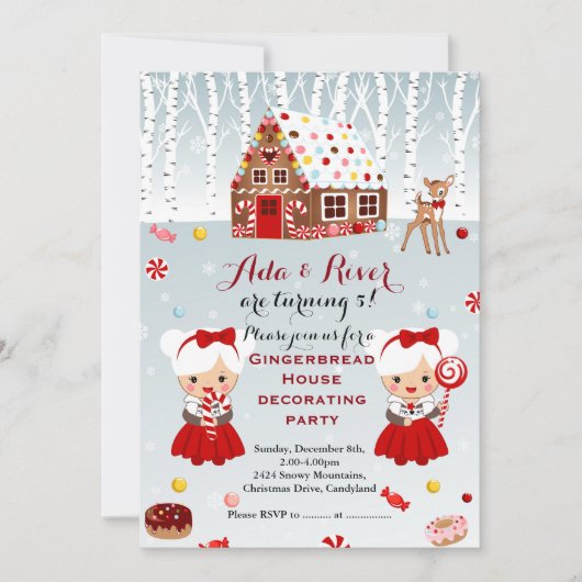 Gingerbrood House Birthday Party tweeling Uitnodig Kaart (Voorkant)