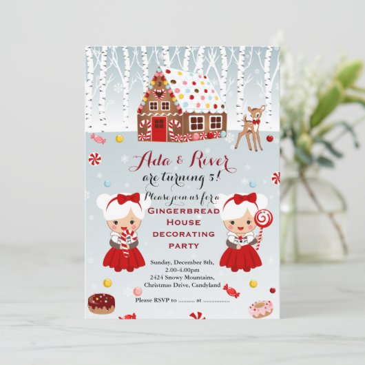 Gingerbrood House Birthday Party tweeling Uitnodig Kaart (Staand voorkant)