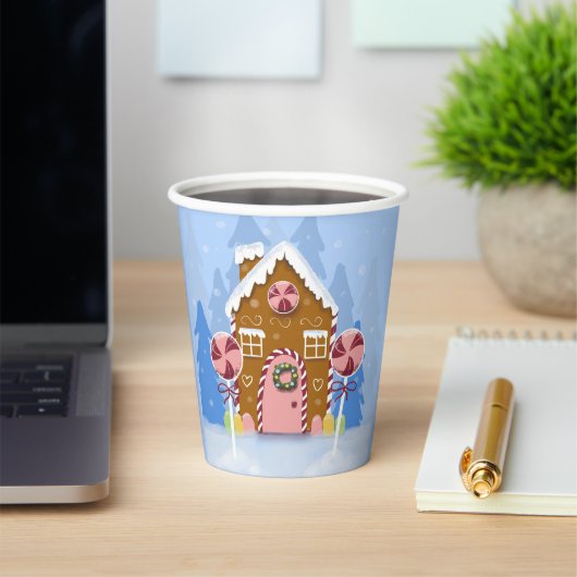 Gingerbrood House Blue Holiday Paper Cups Papieren Bekers (Insitu)