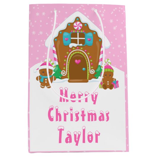 Gingerbrood House Bright Pink Merry Kerstry Medium Cadeauzakje (Voorkant)