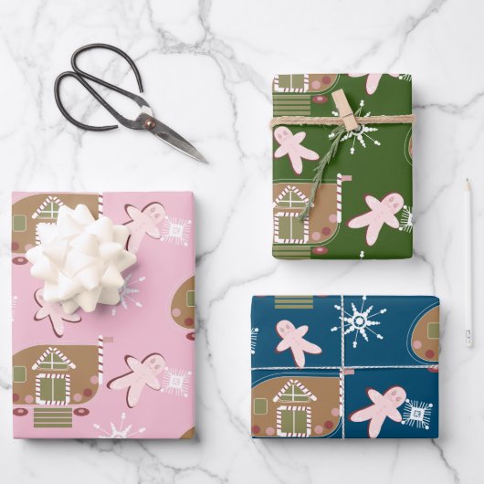 Gingerbrood House Cookies Pink Snowflakes Inpakpapier Vel (Voorkant)