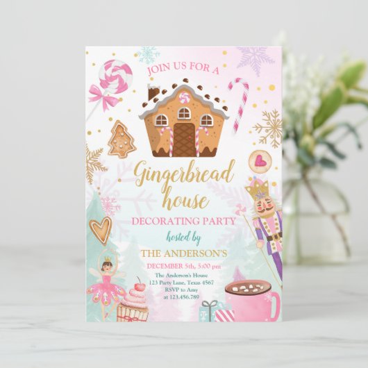 Gingerbrood House Decorting Party Invite Cookie Kaart (Staand voorkant)