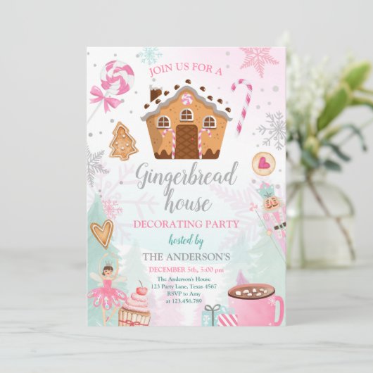 Gingerbrood House Decorting Party Invite Cookie Kaart (Staand voorkant)