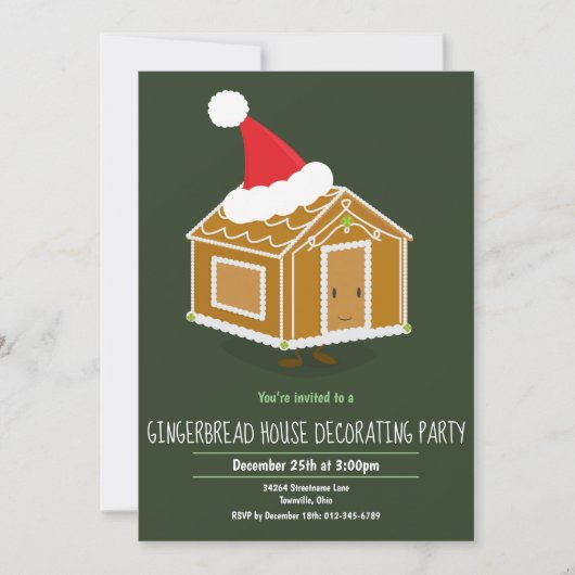 Gingerbrood House Decorting Party Invite Green Kaart (Voorkant)