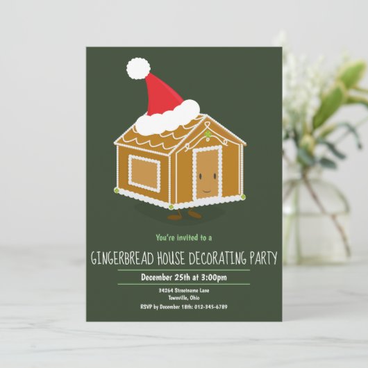 Gingerbrood House Decorting Party Invite Green Kaart (Staand voorkant)