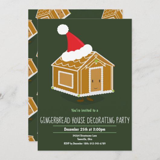 Gingerbrood House Decorting Party Invite Green Kaart (Voorkant / Achterkant)