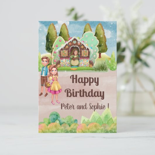 Gingerbrood House Hansel en Gretel tweins jarig Kaart (Staand voorkant)