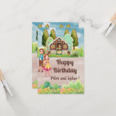 Gingerbrood House Hansel en Gretel tweins jarig Kaart (Voorkant / Achterkant in situ)