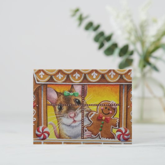 GingerBrood House Mouse & Cookie Waterverf Art Briefkaart (Staand voorkant)
