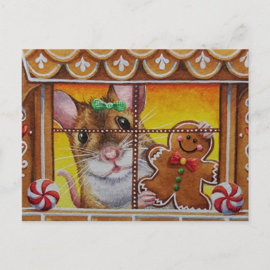 GingerBrood House Mouse & Cookie Waterverf Art Briefkaart (Voorkant)