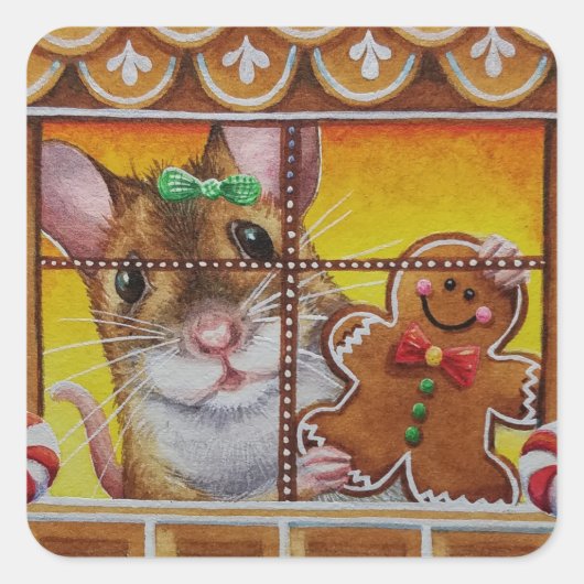 GingerBrood House Mouse & Cookie Waterverf Art Vierkante Sticker (Voorkant)