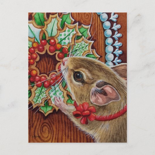 Gingerbrood House Mouse & Wreated Waterverf Art Briefkaart (Voorkant)