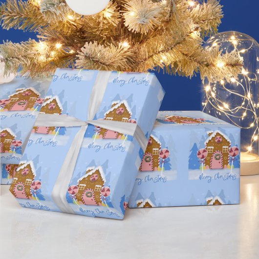 Gingerbrood House Pattern Blue Wrapping Paper Cadeaupapier (Feestdagen)