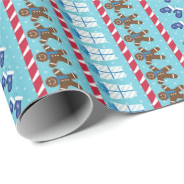 Gingerbrood Man Blue Striped Kerstmis and Holiday Cadeaupapier