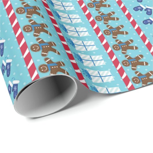 Gingerbrood Man Blue Striped Kerstmis and Holiday Cadeaupapier (Rol Hoek)