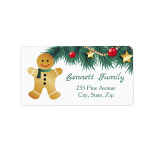 Gingerbrood man, dennen, bubbels, sterren etiket