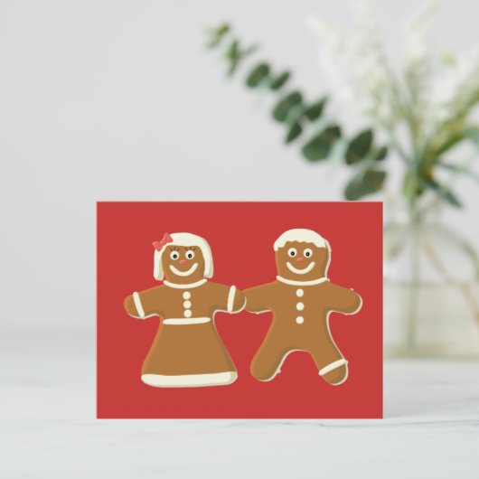 Gingerbrood Man en Vrouw op Rood Briefkaart (Staand voorkant)