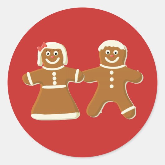 Gingerbrood Man en Vrouw op Rood Ronde Sticker (Voorkant)