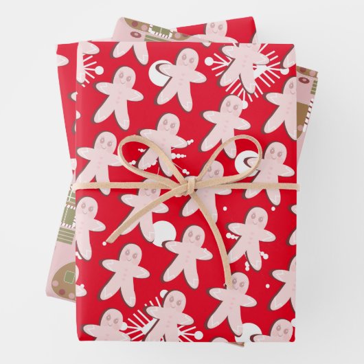Gingerbrood Man House Kerstmis Snowflakes Red Inpakpapier Vel (In situ)