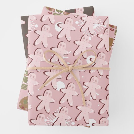 Gingerbrood Man House Kerstmis Snowflakes Roze Inpakpapier Vel (In situ)