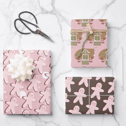 Gingerbrood Man House Kerstmis Snowflakes Roze Inpakpapier Vel (Voorkant)