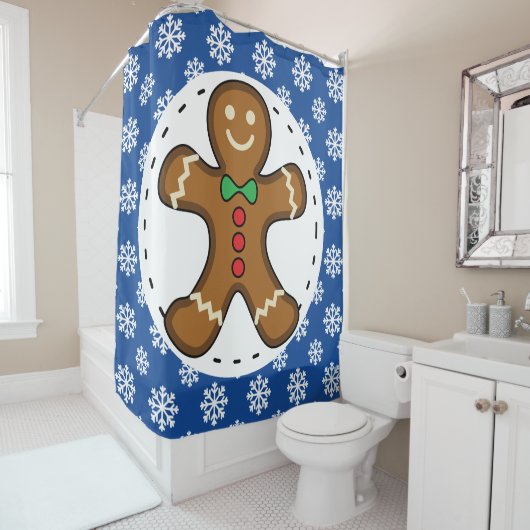 Gingerbrood Man op Blue White Snowflakes Pattern Douchegordijn (In situ)