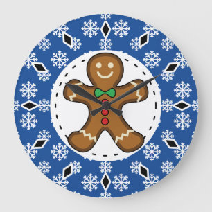 Gingerbrood Man op Blue White Snowflakes Pattern Grote Klok