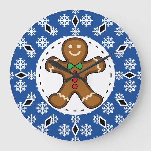Gingerbrood Man op Blue White Snowflakes Pattern Grote Klok (Voorkant)