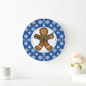 Gingerbrood Man op Blue White Snowflakes Pattern Grote Klok (Huis)