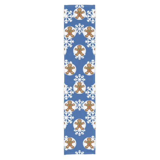 Gingerbrood Man op Blue White Snowflakes Pattern Korte Tafelloper (Voorkant)