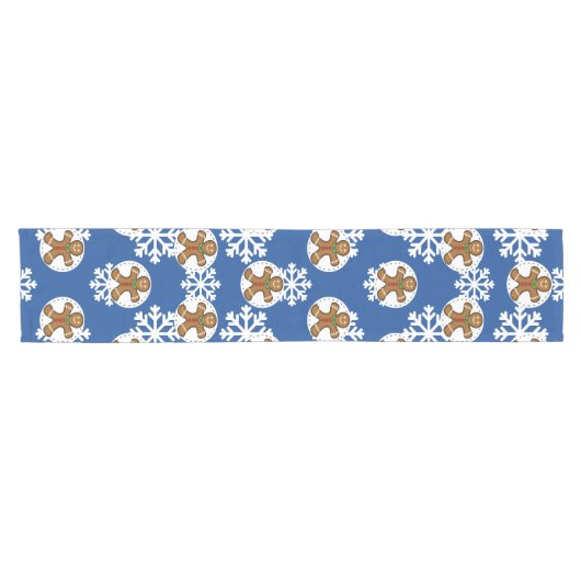 Gingerbrood Man op Blue White Snowflakes Pattern Korte Tafelloper (Horizontaal)