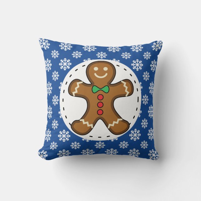 Gingerbrood Man op Blue White Snowflakes Pattern Kussen (Voorkant)