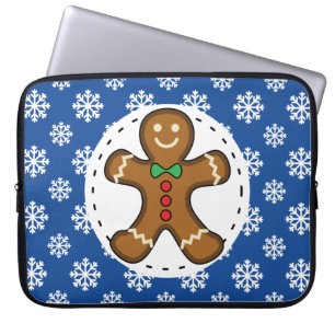 Gingerbrood Man op Blue White Snowflakes Pattern Laptop Sleeve