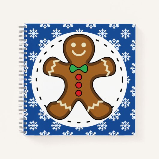 Gingerbrood Man op Blue White Snowflakes Pattern Notitieboek (Voorkant)