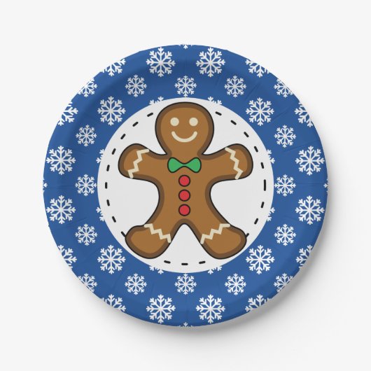 Gingerbrood Man op Blue White Snowflakes Pattern Papieren Bordje (Voorkant)