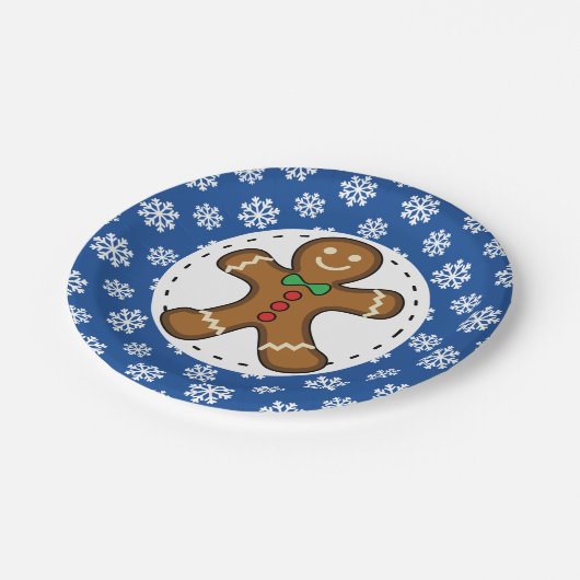 Gingerbrood Man op Blue White Snowflakes Pattern Papieren Bordje (Gekanteld)