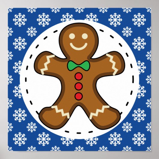 Gingerbrood Man op Blue White Snowflakes Pattern Poster (Voorkant)