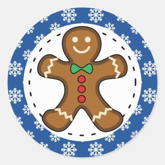 Gingerbrood Man op Blue White Snowflakes Pattern Ronde Sticker (Voorkant)