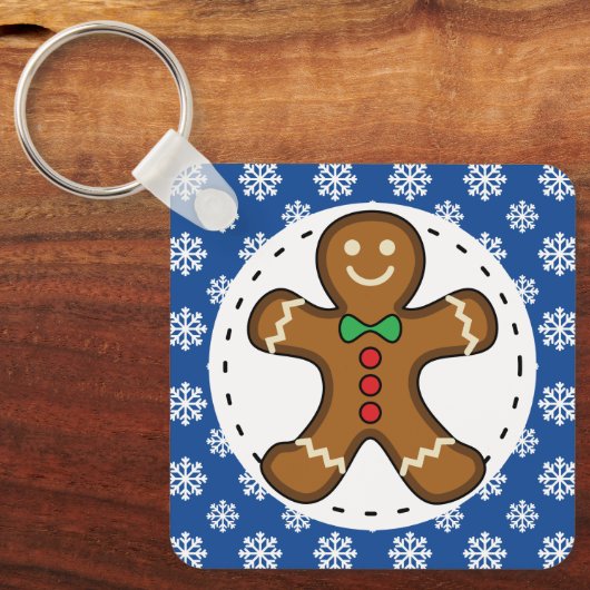 Gingerbrood Man op Blue White Snowflakes Pattern Sleutelhanger (Voorkant)