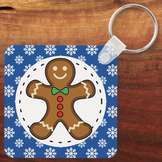 Gingerbrood Man op Blue White Snowflakes Pattern Sleutelhanger (Achterkant)
