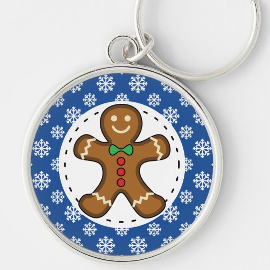 Gingerbrood Man op Blue White Snowflakes Pattern Sleutelhanger (Voorkant)