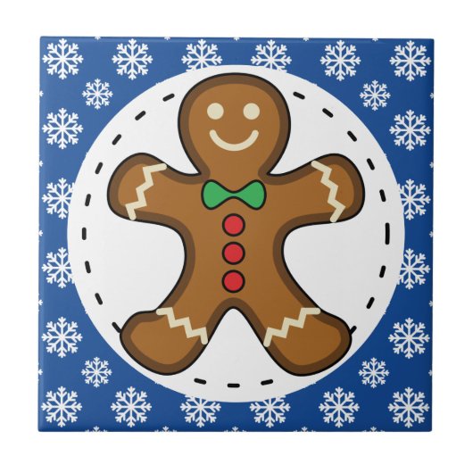 Gingerbrood Man op Blue White Snowflakes Pattern Tegeltje (Voorkant)