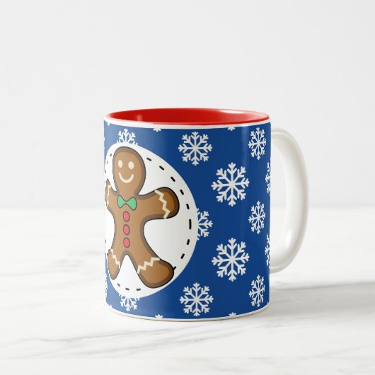 Gingerbrood Man op Blue White Snowflakes Pattern Tweekleurige Koffiemok (Voorkant rechts)
