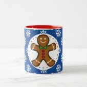 Gingerbrood Man op Blue White Snowflakes Pattern Tweekleurige Koffiemok (Center)