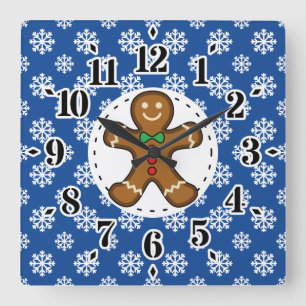 Gingerbrood Man op Blue White Snowflakes Pattern Vierkante Klok