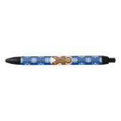 Gingerbrood Man op Blue White Snowflakes Pattern Zwarte Inkt Pen (Voorkant)