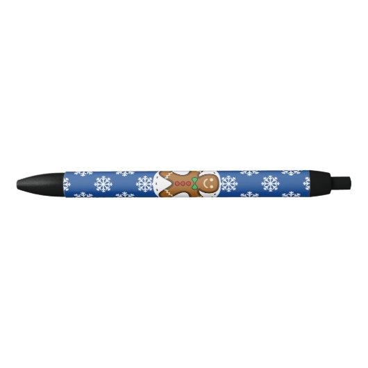 Gingerbrood Man op Blue White Snowflakes Pattern Zwarte Inkt Pen (Voorkant)