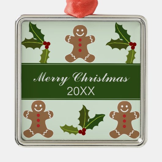 Gingerbrood Mannen en Holly Kerstmis Metalen Ornament (Voorkant)